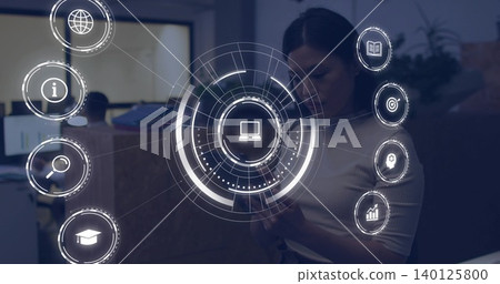 Leaning Asian woman tapping smartphone at office, wearing light ribbed top with holographic UI Leaning Asian woman tapping smartphone at office, wearing light ribbed top with holographic UI 140125800