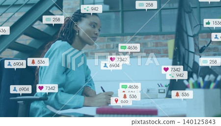 Writing woman wearing teal longsleeve top holding pen at office desk with monitor and notifications Writing woman wearing teal longsleeve top holding pen at office desk with monitor and notifications 140125843