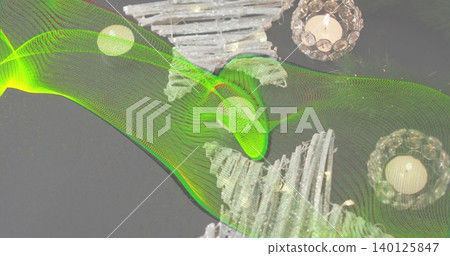 Displaying green wavy mesh sweeping over dark table, with whitewashed stars and glass votives Displaying green wavy mesh sweeping over dark table, with whitewashed stars and glass votives 140125847