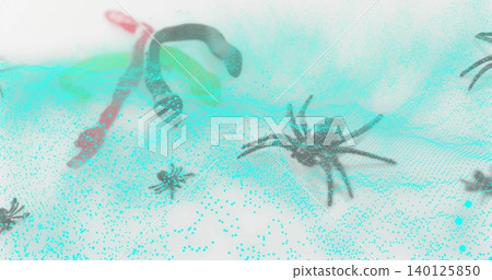Crawling tarantula spider at right on white backdrop, with teal particle mesh and snake, copy space Crawling tarantula spider at right on white backdrop, with teal particle mesh and snake, copy space 140125850