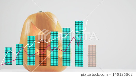 Showing carved pumpkin sitting on white table, with teal bars, tan column, pink-white trend-lines Showing carved pumpkin sitting on white table, with teal bars, tan column, pink-white trend-lines 140125862