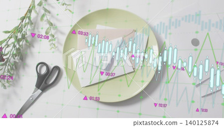 Displaying pale green plate holding two folded papers on grid desk, showing market overlay Displaying pale green plate holding two folded papers on grid desk, showing market overlay 140125874