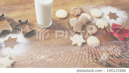 Displaying cookies with metal cutters on wooden tabletop, with milk, cinnamon, ribbon, data overlay Displaying cookies with metal cutters on wooden tabletop, with milk, cinnamon, ribbon, data overlay 140125886