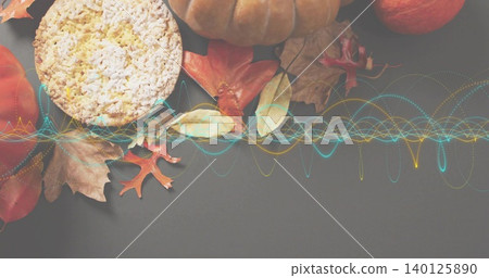 Showing round crispbread on gray surface with leaves pumpkin gourd apple neon waveform, copy space Showing round crispbread on gray surface with leaves pumpkin gourd apple neon waveform, copy space 140125890
