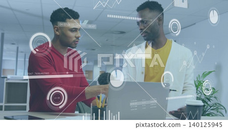 Discussing coworkers pointing at laptop at office, showing HUD, in red sweater, holding coffee Discussing coworkers pointing at laptop at office, showing HUD, in red sweater, holding coffee 140125945