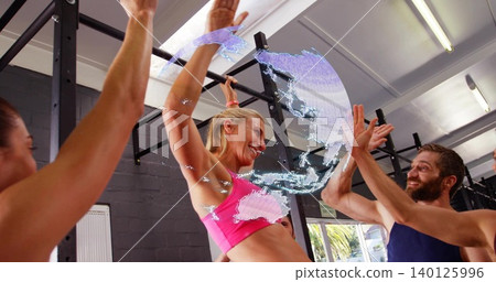 Pulling woman doing pull-up at metal rig, wearing pink sports bra, man reaching, hologram overlay Pulling woman doing pull-up at metal rig, wearing pink sports bra, man reaching, hologram overlay 140125996