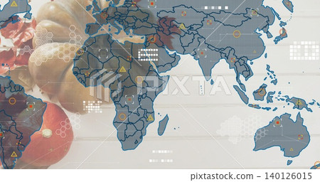 Showing faint world map overlay on pale wood with data markers, warning icons, clusters, fruits Showing faint world map overlay on pale wood with data markers, warning icons, clusters, fruits 140126015