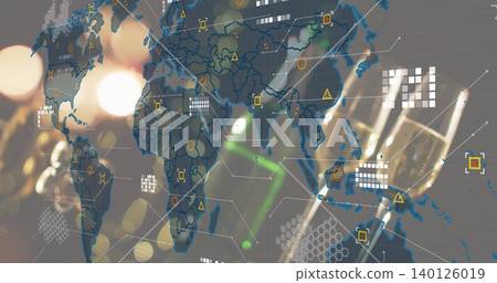 Displaying stylized world map overlay in digital backdrop, showing hex grids, nodes, link lines Displaying stylized world map overlay in digital backdrop, showing hex grids, nodes, link lines 140126019