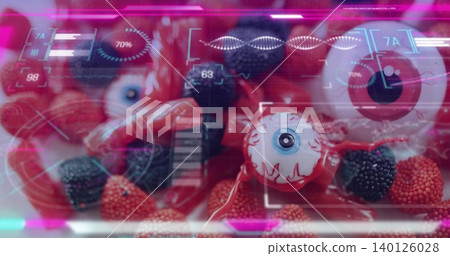 Focusing white eyeball candy showing blue iris, red veins at tabletop, with HUD, gumdrops, berries Focusing white eyeball candy showing blue iris, red veins at tabletop, with HUD, gumdrops, berries 140126028