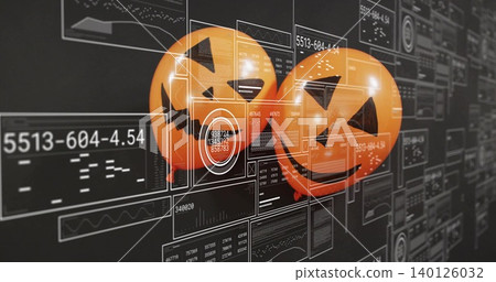 Floating 3D jack-o'-lantern spheres hovering over virtual dashboard, with HUD panels and codes Floating 3D jack-o'-lantern spheres hovering over virtual dashboard, with HUD panels and codes 140126032