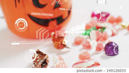 Displaying Halloween candy on white tabletop, with jack-o-lantern bucket, chocolates, HUD graphics Displaying Halloween candy on white tabletop, with jack-o-lantern bucket, chocolates, HUD graphics 140126033