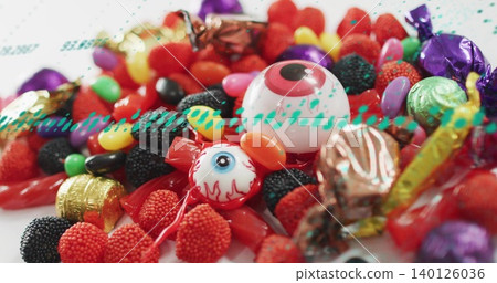 Displaying centered pile of candies on white table, showing eyeball candy and teal overlay Displaying centered pile of candies on white table, showing eyeball candy and teal overlay 140126036