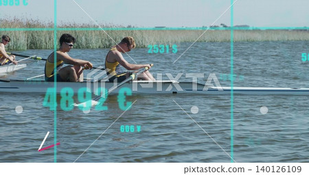 Rowing crew in yellow singlets powering on lake near reeds in shell with oars, teal overlay Rowing crew in yellow singlets powering on lake near reeds in shell with oars, teal overlay 140126109