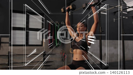 Lifting woman pressing hex dumbbells on bench in gym, wearing black bra and shorts, HUD overlay Lifting woman pressing hex dumbbells on bench in gym, wearing black bra and shorts, HUD overlay 140126113