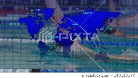 Swimming male cutting through lane in pool, wearing cap goggles suit, with world map overlay labels 140126177