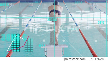 Poised male swimmer wearing cap, trunks, holding diving stance at pool with start block, ropes, HUD Poised male swimmer wearing cap, trunks, holding diving stance at pool with start block, ropes, HUD 140126280