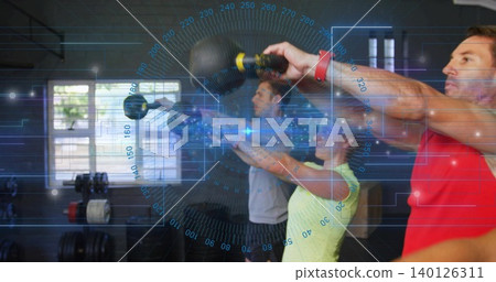 Swinging three adults wearing red grey yellow tops, doing kettlebell presses in gym with blue HUD Swinging three adults wearing red grey yellow tops, doing kettlebell presses in gym with blue HUD 140126311