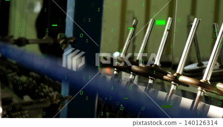 Displaying vertical valve stems with collars and screws on factory rig, blue rail overlaying binary Displaying vertical valve stems with collars and screws on factory rig, blue rail overlaying binary 140126314