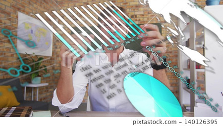 Interacting man wearing white shirt, wristwatch moving turquoise data overlays at studio, notebook Interacting man wearing white shirt, wristwatch moving turquoise data overlays at studio, notebook 140126395
