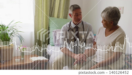 Sitting doctor in shirt and tie consulting senior woman on bed, with stethoscope, waveform overlay Sitting doctor in shirt and tie consulting senior woman on bed, with stethoscope, waveform overlay 140126452