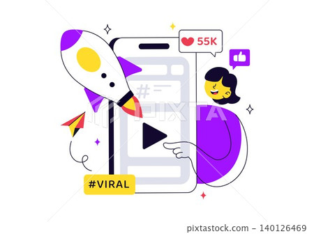 Viral Topic Vector Illustration Featuring Social Media Trends, Content Marketing Growth, Online Engagement, Influencer Promotion, and Digital Media 140126469
