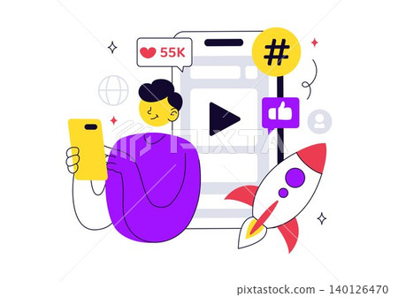Viral Topic Vector Illustration Featuring Social Media Trends, Content Marketing Growth, Online Engagement, Influencer Promotion, and Digital Media 140126470