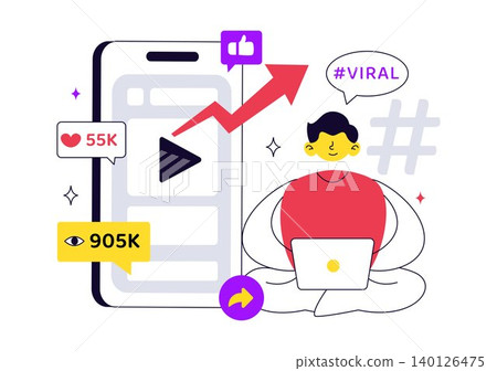 Viral Topic Vector Illustration Featuring Social Media Trends, Content Marketing Growth, Online Engagement, Influencer Promotion, and Digital Media Viral Topic Vector Illustration Featuring Social Media Trends, Content Marketing Growth, Online Engagement, Influencer Promotion, and Digital Media 140126475