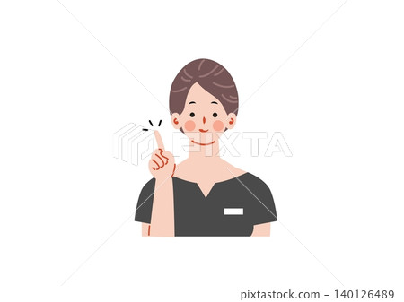 An illustration of a female beauty consultant explaining something while holding up her index finger. 140126489
