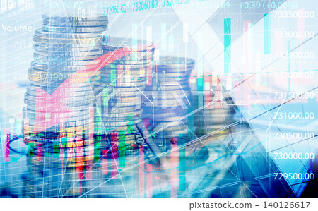 Financial market concept image showing stacked coins and bullish stock chart representing successful investment strategy, economic growth, and global trading trend in modern digital economy. Financial market concept image showing stacked coins and bullish stock chart representing successful investment strategy, economic growth, and global trading trend in modern digital economy. 140126617