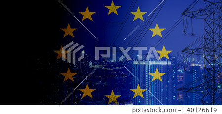 European energy crisis. Cityscape and electricity pylon. Infrastructure vulnerability. Blackout emergency when electricity grid fails. Inequality of energy access. European power shortage crisis. European energy crisis. Cityscape and electricity pylon. Infrastructure vulnerability. Blackout emergency when electricity grid fails. Inequality of energy access. European power shortage crisis. 140126619