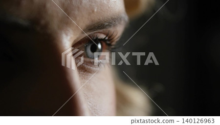 Gazing adult female focusing on right eye in dim studio, showing eyelashes and skin texture Gazing adult female focusing on right eye in dim studio, showing eyelashes and skin texture 140126963