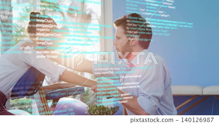 Kneeling blue-shirt therapist supporting white-blouse client on stall bars in rehab, code overlay Kneeling blue-shirt therapist supporting white-blouse client on stall bars in rehab, code overlay 140126987