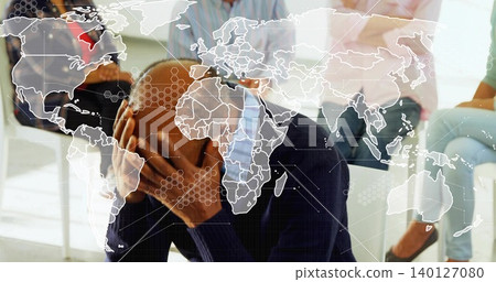 Hunching bald man in business-casual covering face at support group, white chairs, map overlay Hunching bald man in business-casual covering face at support group, white chairs, map overlay 140127080
