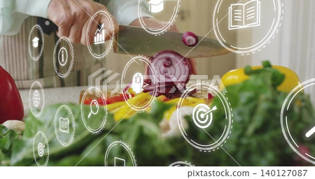 Preparing woman in striped apron slicing halved red onion on counter, chef knife, board, UI overlay Preparing woman in striped apron slicing halved red onion on counter, chef knife, board, UI overlay 140127087