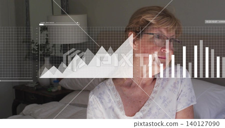 Sitting senior woman wearing floral pajama top and eyeglasses on bed at home, with digital charts Sitting senior woman wearing floral pajama top and eyeglasses on bed at home, with digital charts 140127090