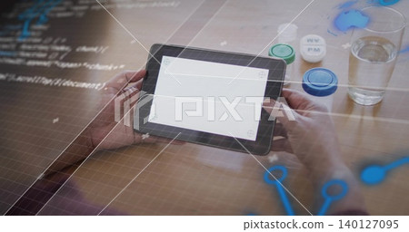 Holding tablet, hands showing blank screen on wood desk in plum sleeves, cases, glass, code overlay Holding tablet, hands showing blank screen on wood desk in plum sleeves, cases, glass, code overlay 140127095