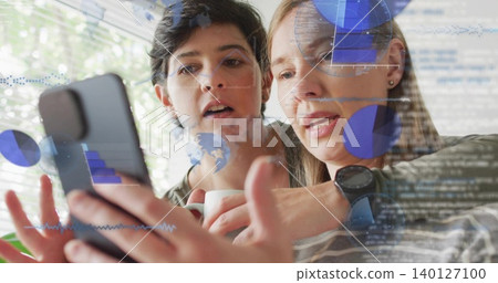 Viewing women in striped top at home, checking phone with white mug, watch, earrings, AR overlays Viewing women in striped top at home, checking phone with white mug, watch, earrings, AR overlays 140127100