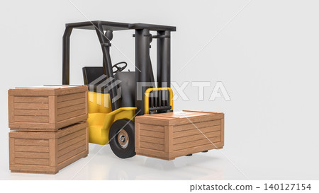 Yellow Forklift Moving Wooden Cargo Crates 3d Render. Yellow Forklift Moving Wooden Cargo Crates 3d Render. 140127154