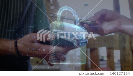 Image of network security padlock over people using payment terminal Image of network security padlock over people using payment terminal 140127194