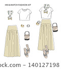Dress-up fashion kit: Natural outfit illustration featuring a cropped t-shirt and long skirt. Dress-up fashion kit: Natural outfit illustration featuring a cropped t-shirt and long skirt. 140127198