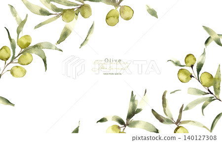 水彩畫。水彩風格的橄欖向量圖。夏季橄欖植物背景。 水彩畫。水彩風格的橄欖向量圖。夏季橄欖植物背景。 140127308