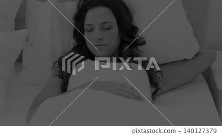 Sleeping woman is lying in flat design bedroom scene, with health theme and white sheet accents Sleeping woman is lying in flat design bedroom scene, with health theme and white sheet accents 140127379