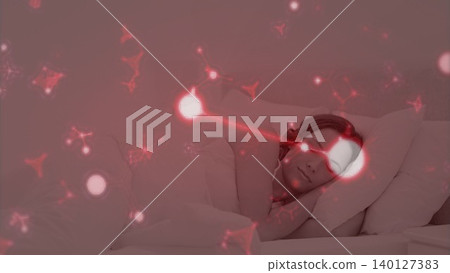 Sleeping woman is lying on bed in flat design illustration, with red glowing shapes tech overlay Sleeping woman is lying on bed in flat design illustration, with red glowing shapes tech overlay 140127383