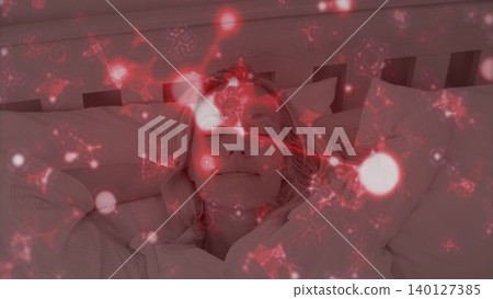 Reclining woman is resting on bed in flat design with glowing red network overlay, tech themed Reclining woman is resting on bed in flat design with glowing red network overlay, tech themed 140127385