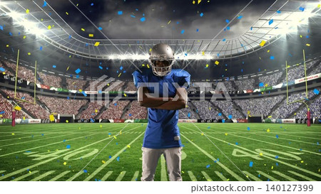 Football player is standing on stadium field in flat design sports graphic with confetti Football player is standing on stadium field in flat design sports graphic with confetti 140127399