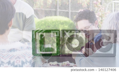 Four friends are dining at wooden patio table with salad, wine in flat design hospitality scene Four friends are dining at wooden patio table with salad, wine in flat design hospitality scene 140127406