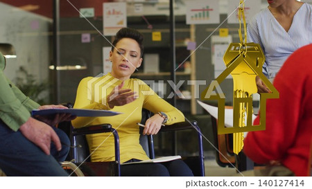 Woman in wheelchair is leading office meeting in flat design with golden house key, real estate 140127414