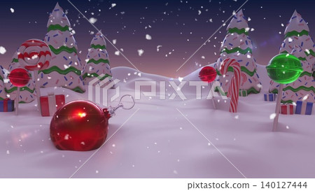 Flat design showing candy winter scene with shiny red ornament and gift boxes for holiday marketing 140127444