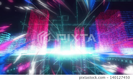 Neon 3D cityscape is featuring glowing grids, colorful light trails for technology theme Neon 3D cityscape is featuring glowing grids, colorful light trails for technology theme 140127450