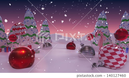 Whimsical winter holiday scene is showcasing flat baubles, trees under gradient dusk sky for ads Whimsical winter holiday scene is showcasing flat baubles, trees under gradient dusk sky for ads 140127460